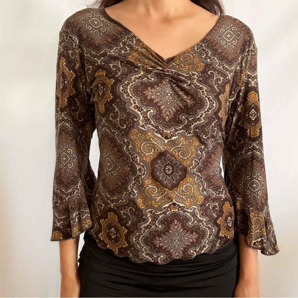 Vintage Y2K paisley print boho blouse top neutral brown tan large worthington